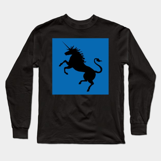 Black Coloured Rearing Scottish Unicorn On Saltire Blue Background Long Sleeve T-Shirt by MacPean